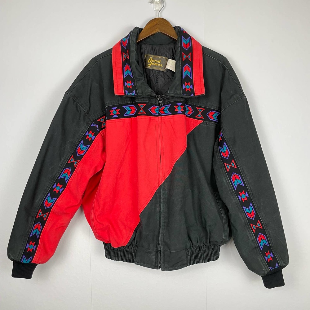 David James | Red & Black Vintage Southwestern Aztec Tribal Cowboy Canvas Coat